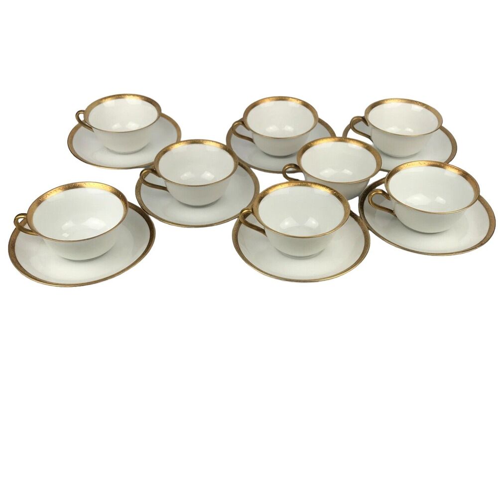 O&EG Royal Austria Teacup & Saucer Set 8 Cups 7 Saucers White Gold Trim Vintage